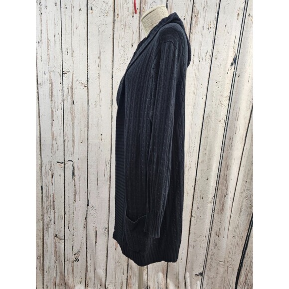 LM Women's L Mel & Lisa Black Ribbed Hooded open Front Cardigan Sweater Black - Picture 4 of 6